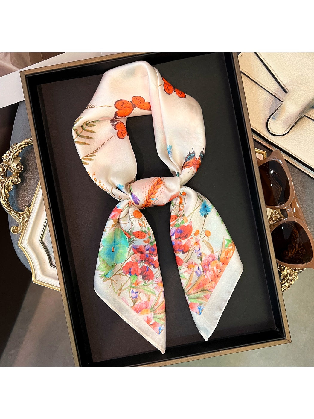 Scarvii - Retro Butterfly Floral Neck Square Scarf