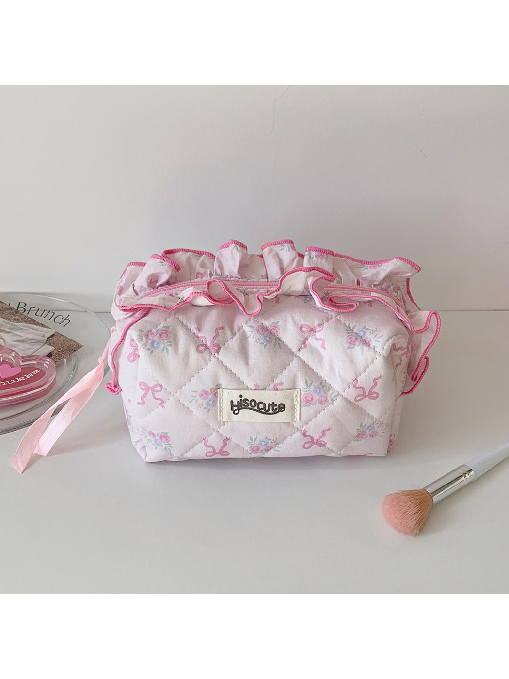Cosbai - Sweet Bow Print Quilted Makeup Storage Bag