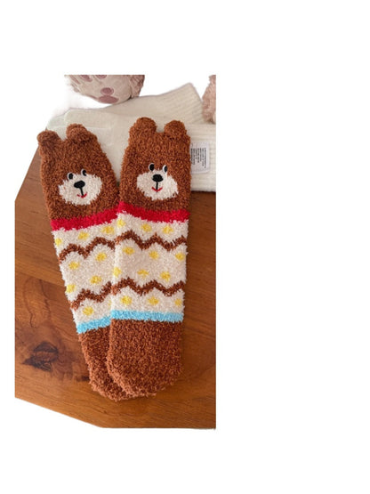 Rufia - Bear Face Zigzag Fuzzy Crew Socks