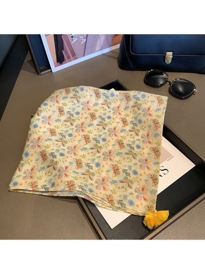 Scarvii - Butterfly Floral Print Tassel Square Scarf