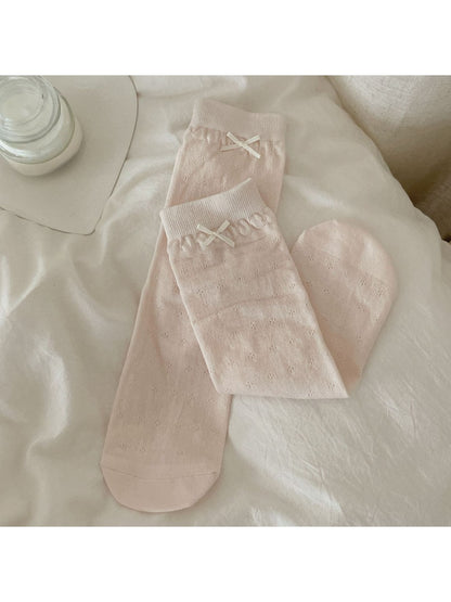 Rufia - Solid Color Openwork Bow Accent Crew Socks