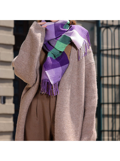 Scarvii - Ribbed Colorblock Plaid Fringed Scarf