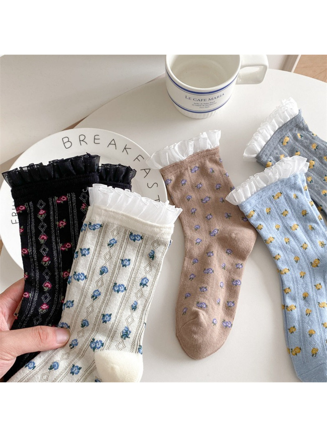 Rufia - Lace Ruffle Floral Knit Crew Socks