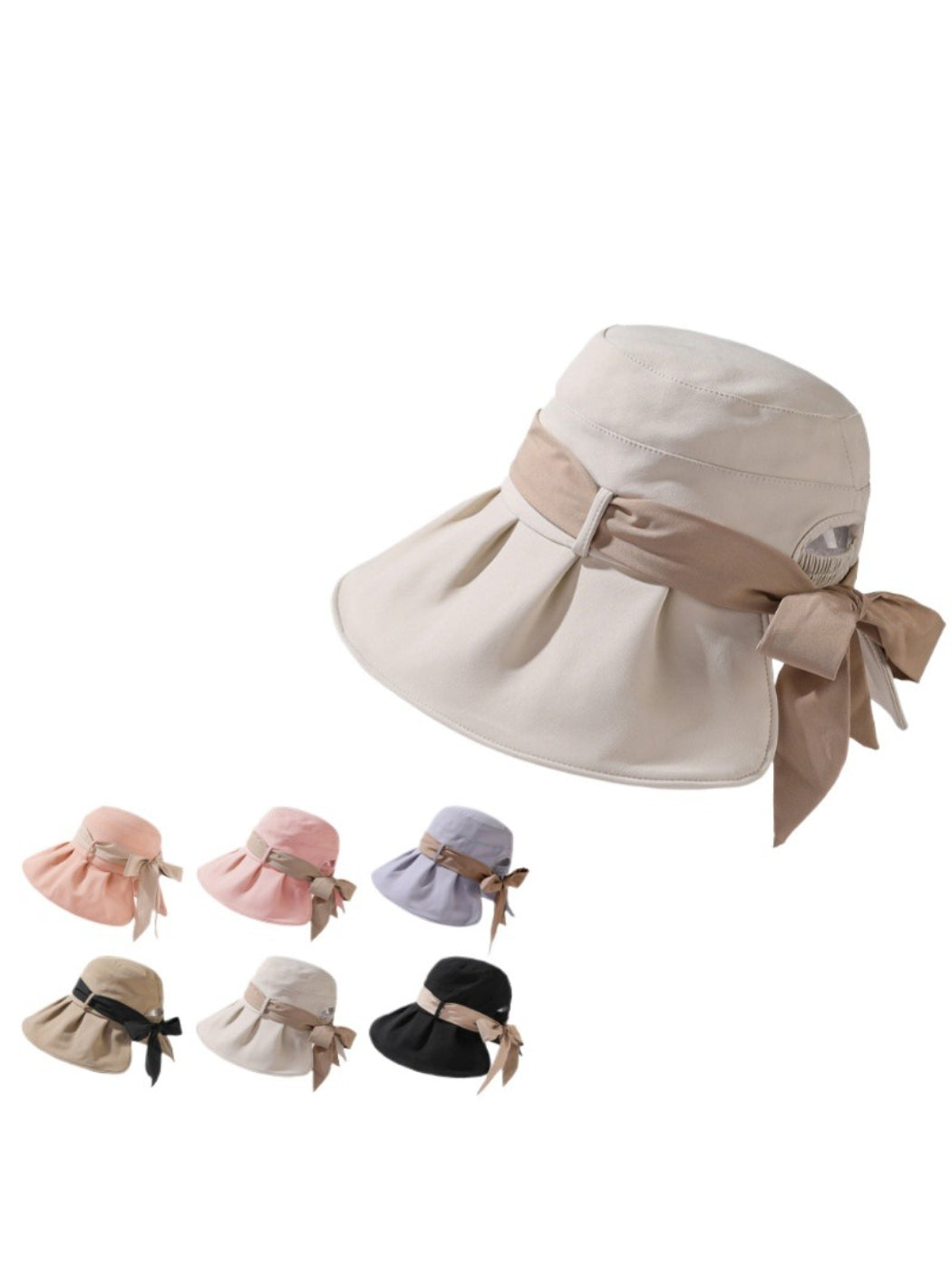 Front view of Haila bow back pleated brim hat in beige
