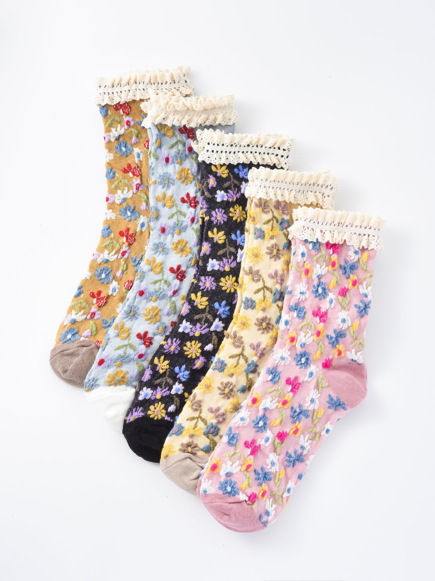 Rufia - Lace-Trim Vintage Floral Relief Socks