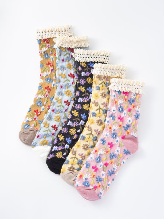 Rufia - Lace-Trim Vintage Floral Relief Socks