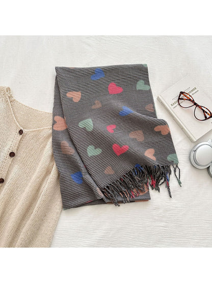 Scarvii - Ribbed Heart Pattern Fringed Winter Scarf