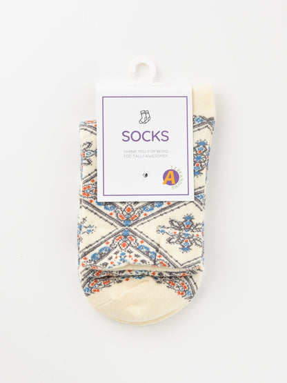 Rufia - Retro Mid-calf Socks with Diamond Floral Patterns