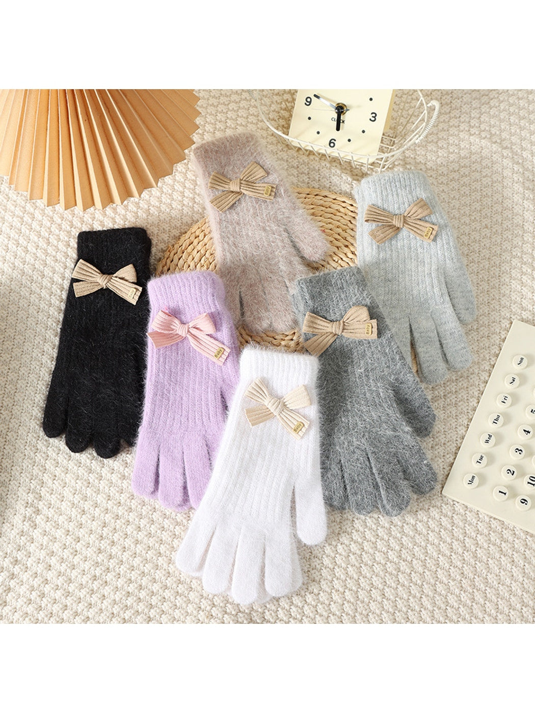 Gloving - Women's Bow Accent Fuzzy Knit Winter Gloves