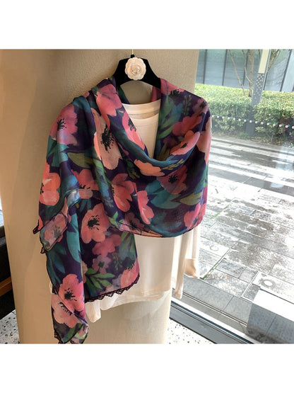 Scarvii - Dark Floral Print Long Shawl Scarf