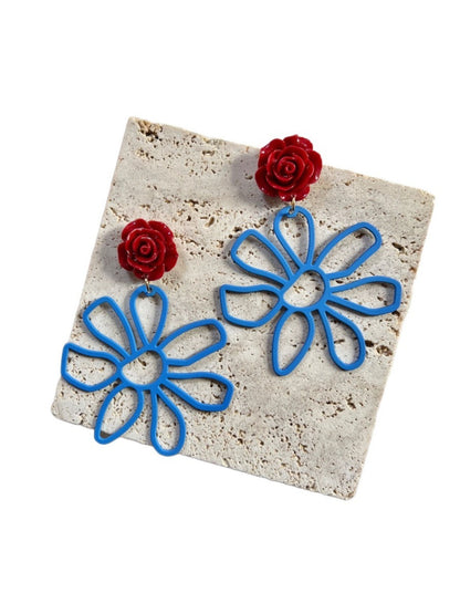 Earwish - Red Blue Flower Shaped Earrings