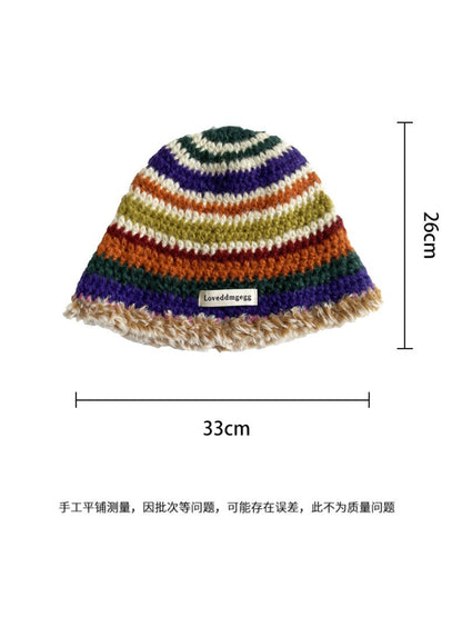 Haila - Retro Stripe Fuzzy Trim Winter Beanie