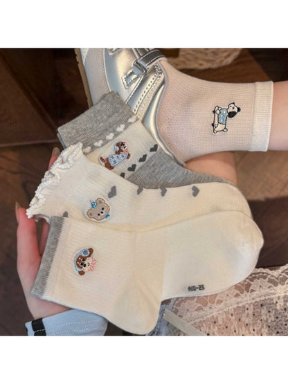 Rufia - Cute Cartoon Dog and Bear Embroidered Crew Socks