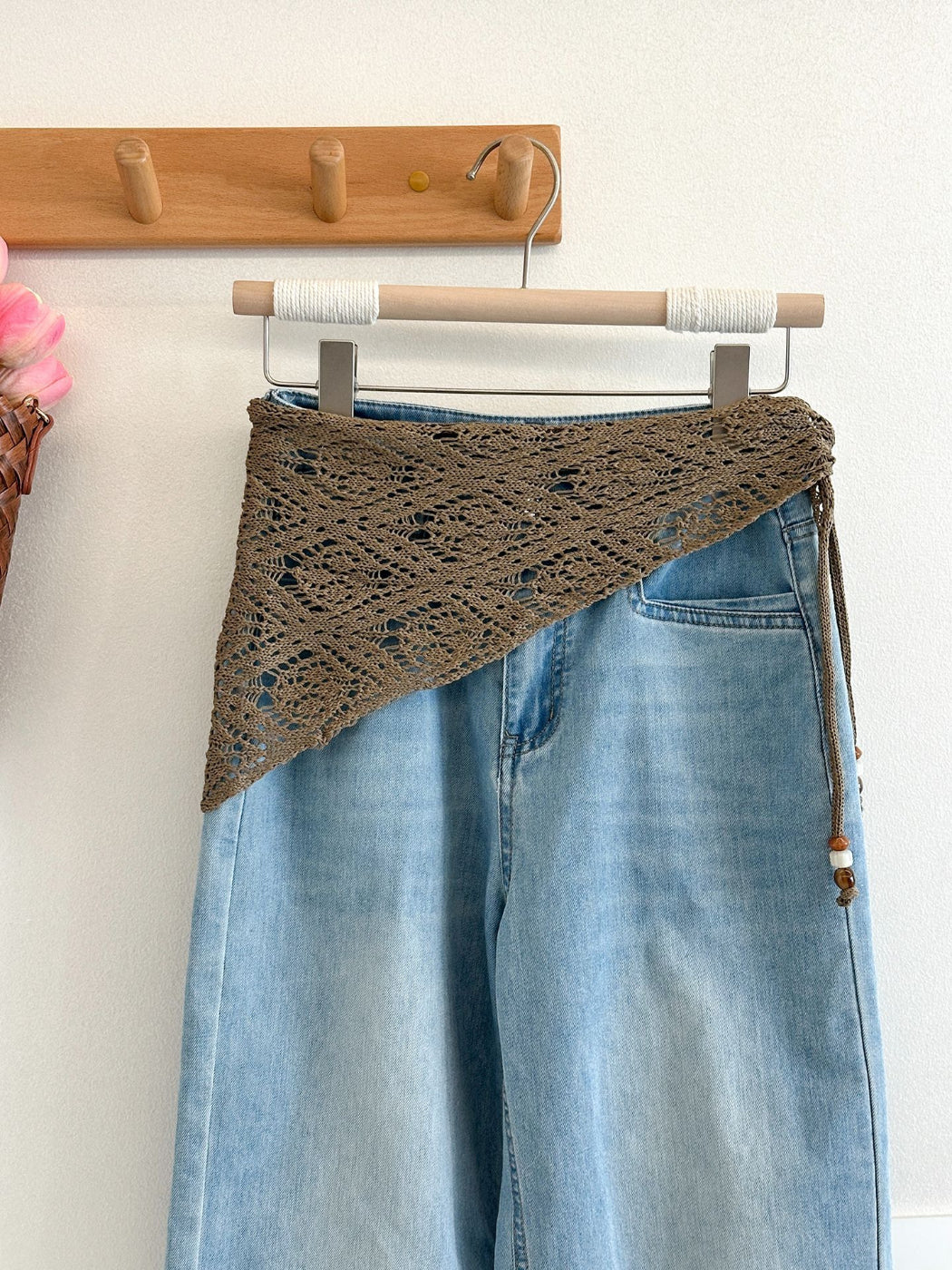 Scarvii - Lace Knit Triangle Scarf with Beaded Ties