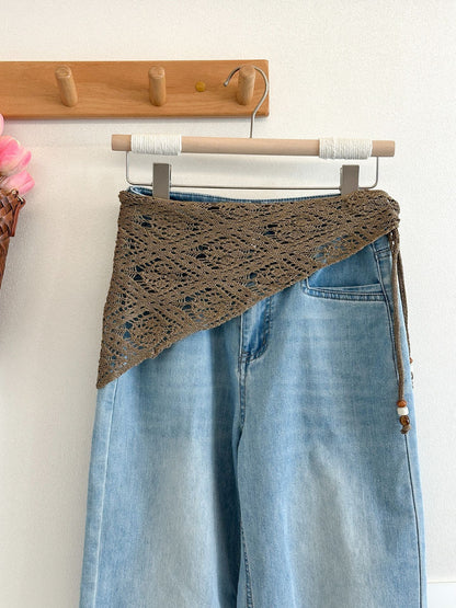 Scarvii - Lace Knit Triangle Scarf with Beaded Ties