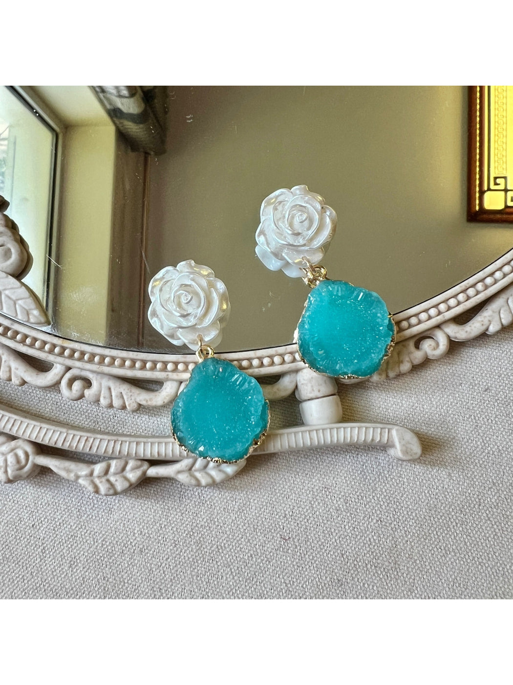 Earwish Gem Look Rose Earrings displayed on white background highlighting design details