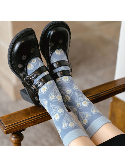 Rufia - Retro Blue Floral Mid-Calf Socks - Classic & Elegant