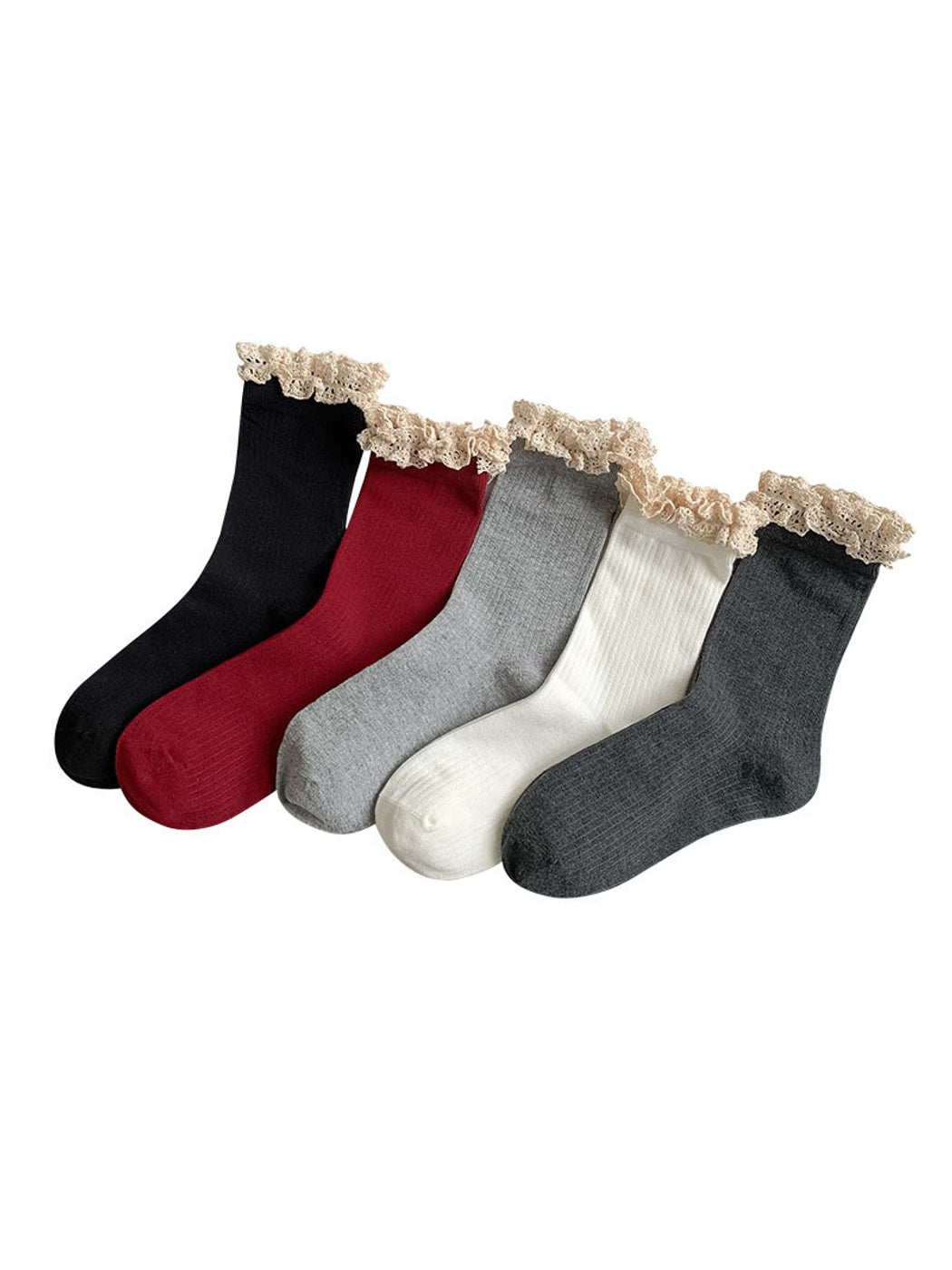 Rufia - Solid Color Ribbed Lace Trim Crew Socks