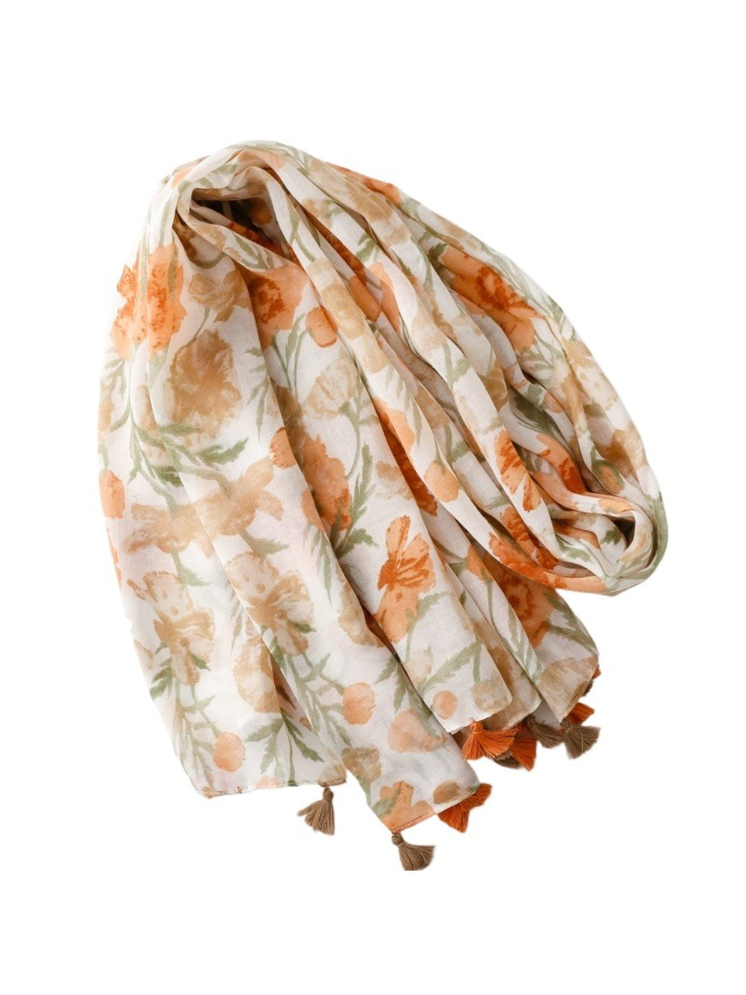 Scarvii Watercolour Bloom Tassel Scarf rolled up highlighting soft fabric and floral colors