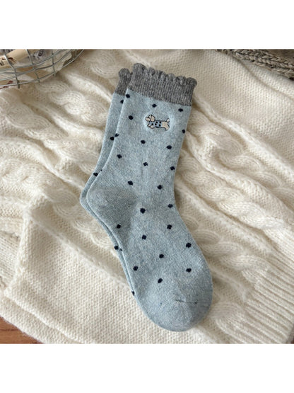Rufia - Cute Puppy Embroidered Dot Crew Socks