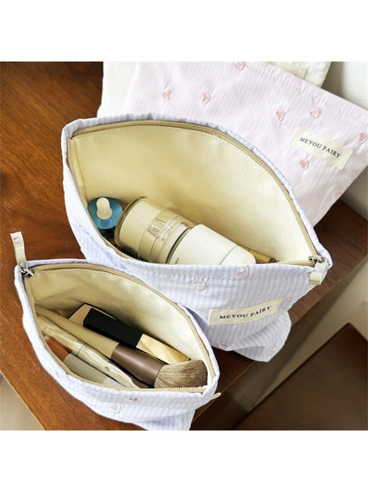 Cosbai Soft Stripe Heart Makeup Organizer Bag in soft pastel colors with heart design