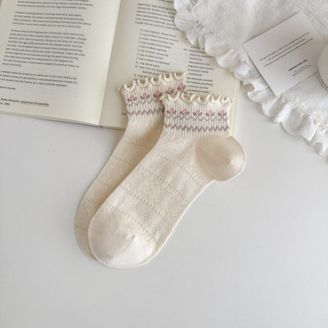 Side view of Rufia Sweet Frill Cuff Crew Socks showing ribbed knit and frill cuff