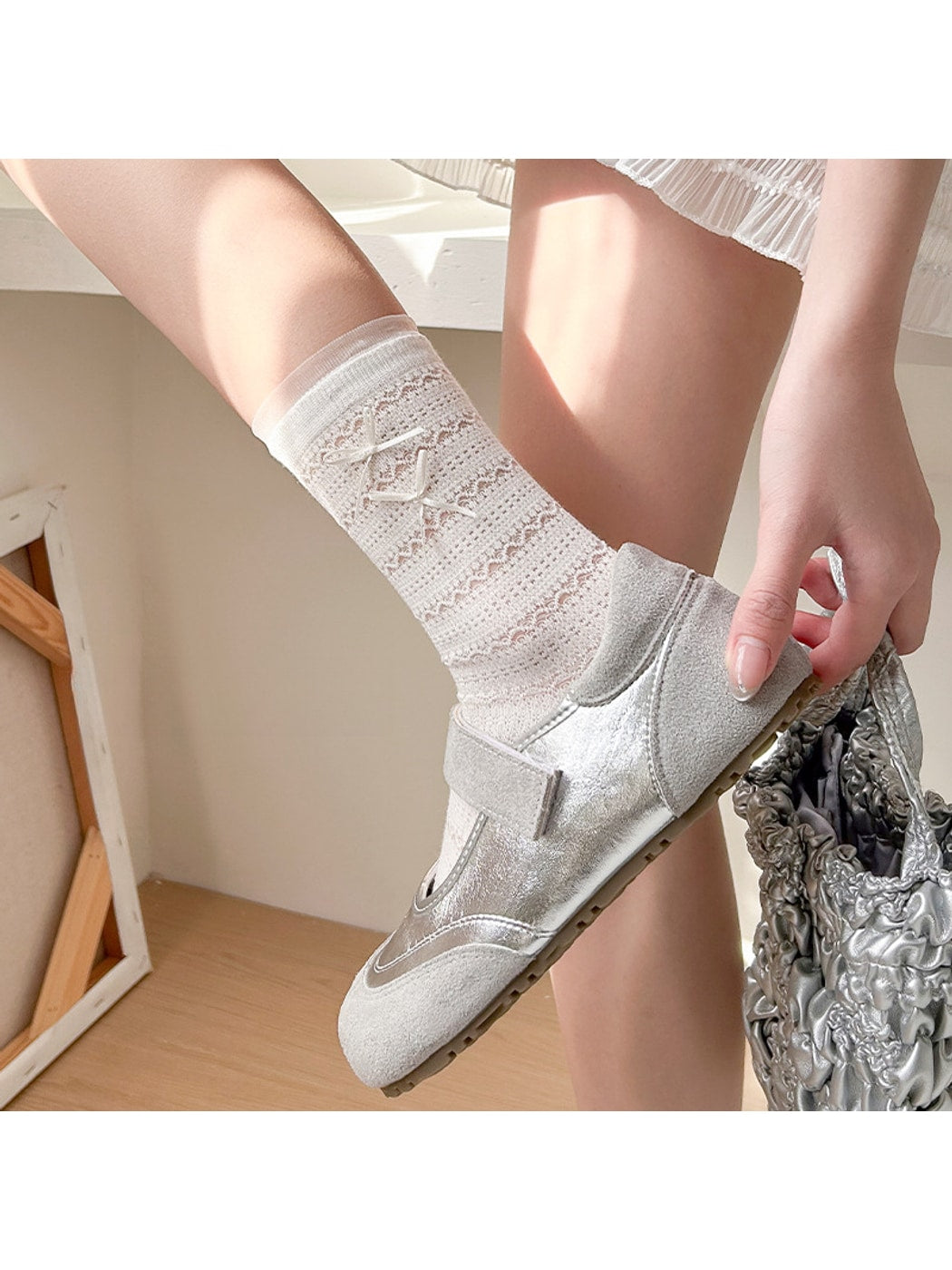 Rufia - Sweet Bow Detail Textured Women's Crew Socks