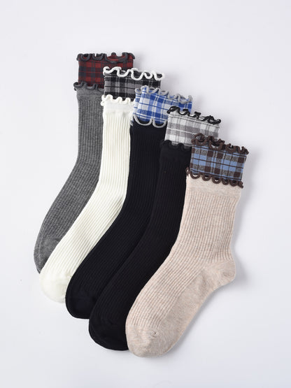 Rufia - Ruffled Edge Plaid Mid-Calf Winter Socks