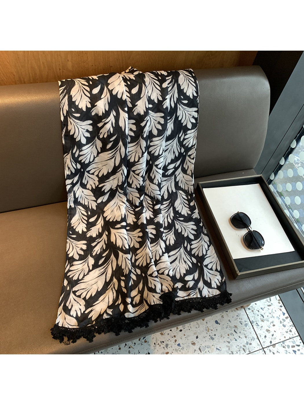 Scarvii - White Leaves Print Rectangular Scarf
