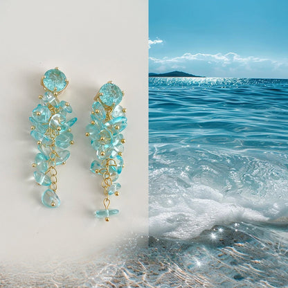 Earwish - Elegant Ocean Blue Long Beaded Fringe Earrings