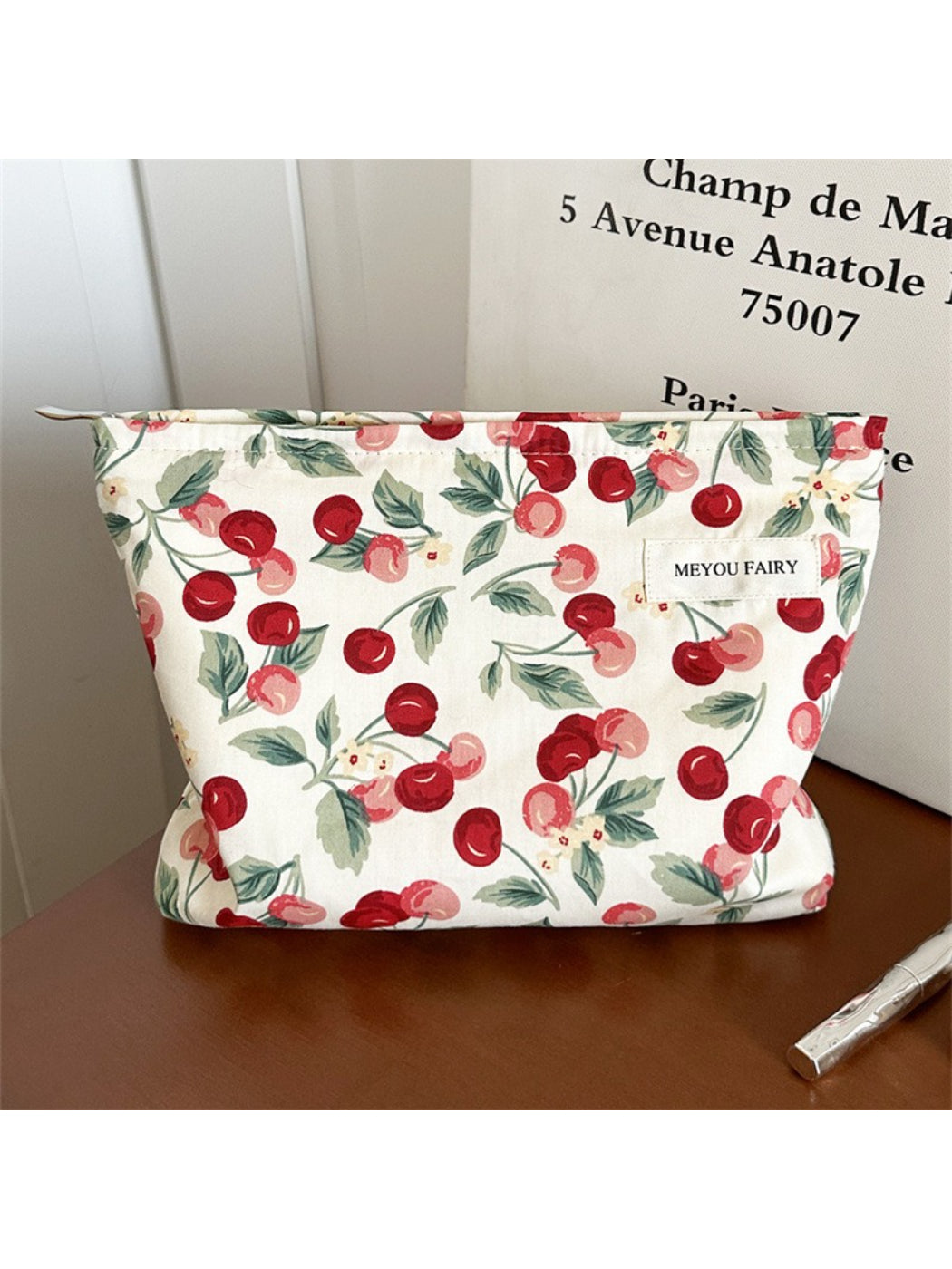 Cosbai Sweet Cherry Makeup Pouch with cherry print on pink background, front view