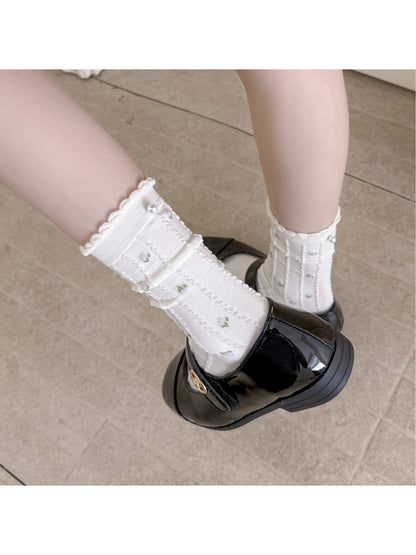 Rufia - Floral Ruffle Trim Bead Decoration Crew Socks