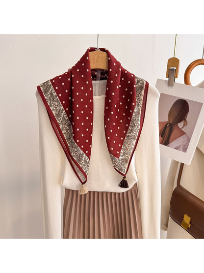 Scarvii - Polka Dot Print Tassel Accent Square Scarf