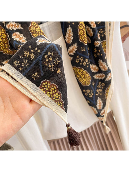 Scarvii - Rustic Floral Printed Tassel Square Scarf