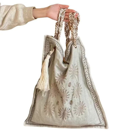Cosbai - Boho Square Tote Bag With Tassel
