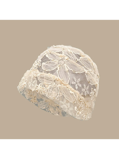 Haila - Floral Applique Mesh Cuffed Beanie