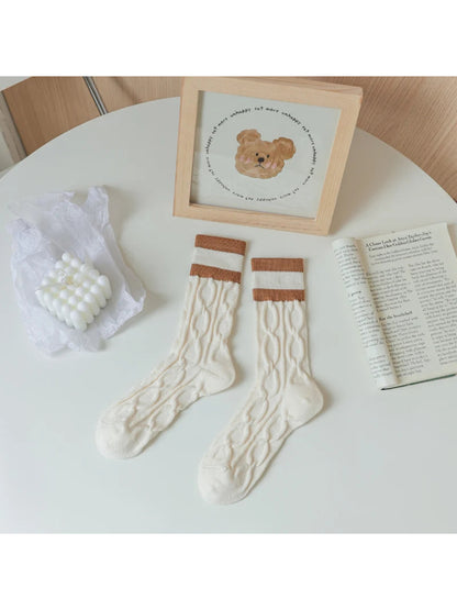 Rufia - Striped Ribbed-Cuff Cable Knit Crew Socks