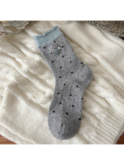Rufia - Cute Puppy Embroidered Dot Crew Socks