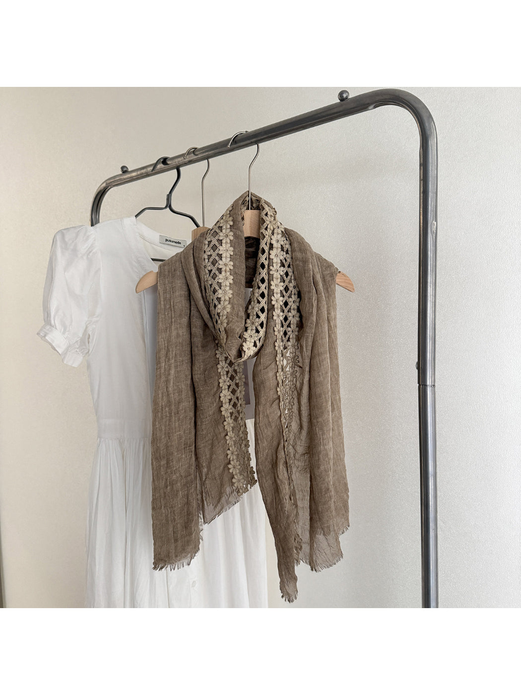 Scarvii - Lace Trim Crinkle Long Scarf