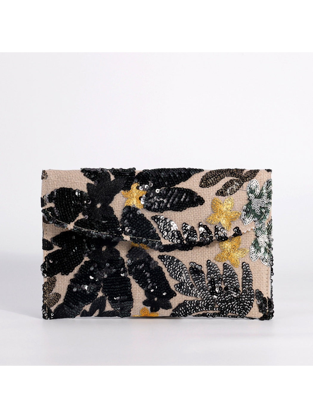 Cosbai floral clutch bag angled to show texture and fabric details