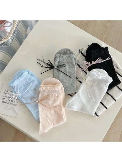 Rufia - Solid Color Heart Embossing Bow Crew Socks