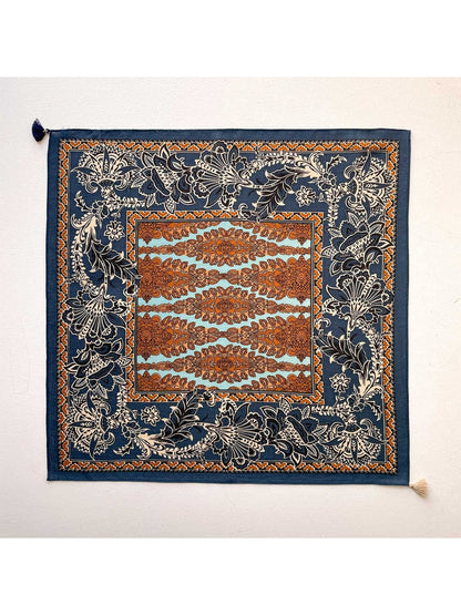 Scarvii - Navy Retro Floral Print Tassel Square Scarf