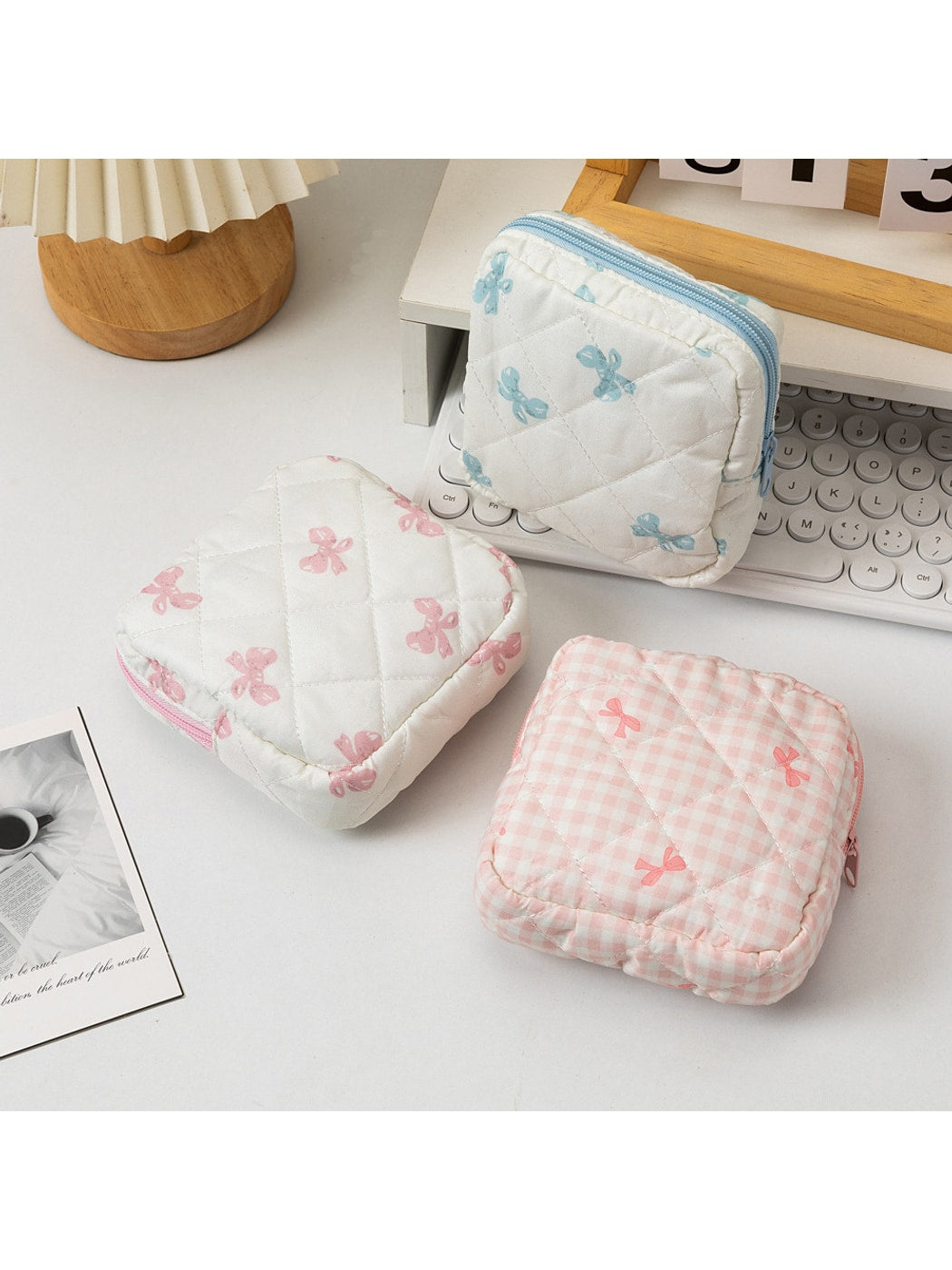 Cosbai - Bow and Heart Pattern Quilted Pouch