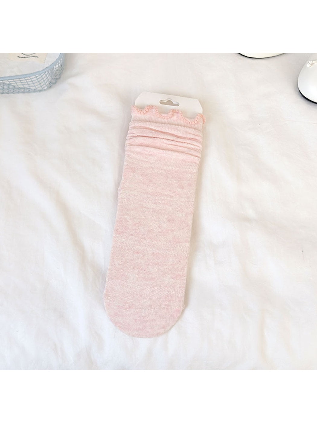 Rufia - Ruffle Cuff Black and Pink Solid Color Crew Socks