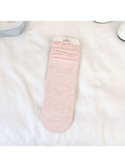Rufia - Ruffle Cuff Black and Pink Solid Color Crew Socks