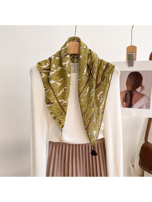 Scarvii - Green Botanical Print Tassel Square Scarf