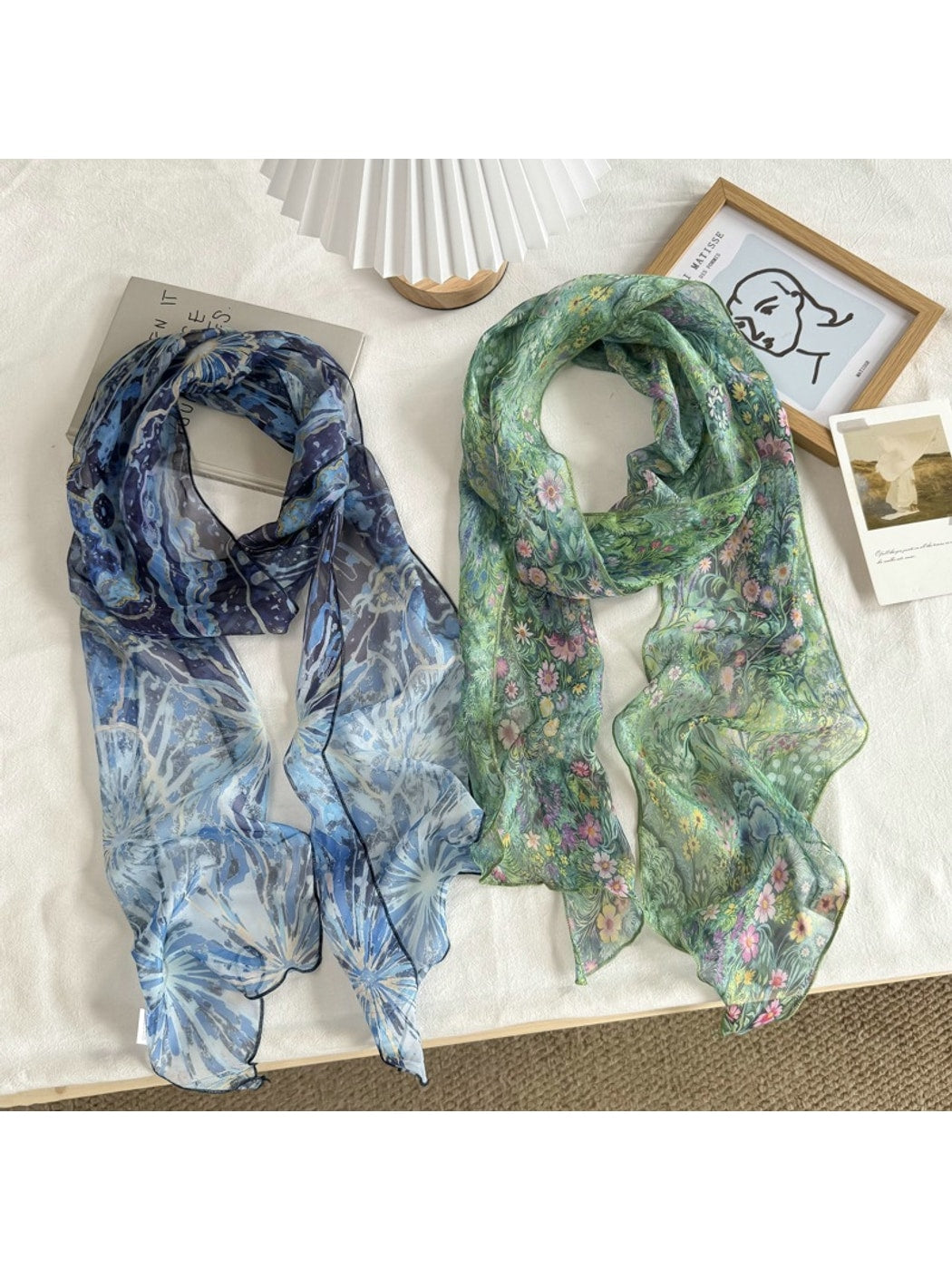 Scarvii - Semi Sheer Dyed Pattern Long Narrow Scarf