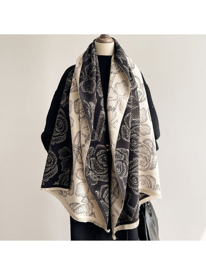 Scarvii - Reversible Rose Jacquard Fringed Scarf