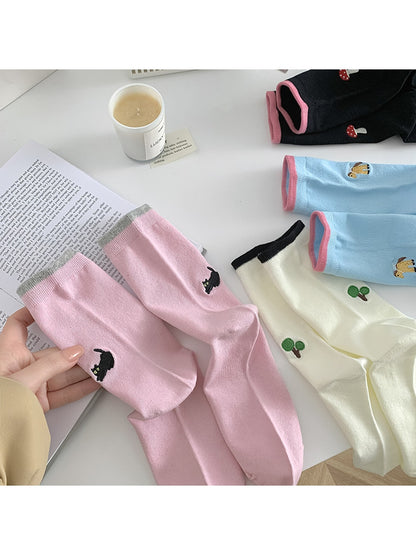 Rufia - Cartoon Embroidered Colorblock Casual Crew Socks