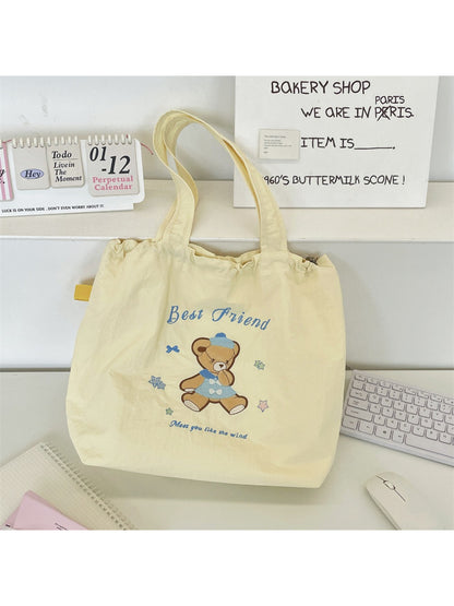 Close-up of bunny and bear illustration on Cosbai Cute Bunny Bear Shopper Tote Bag